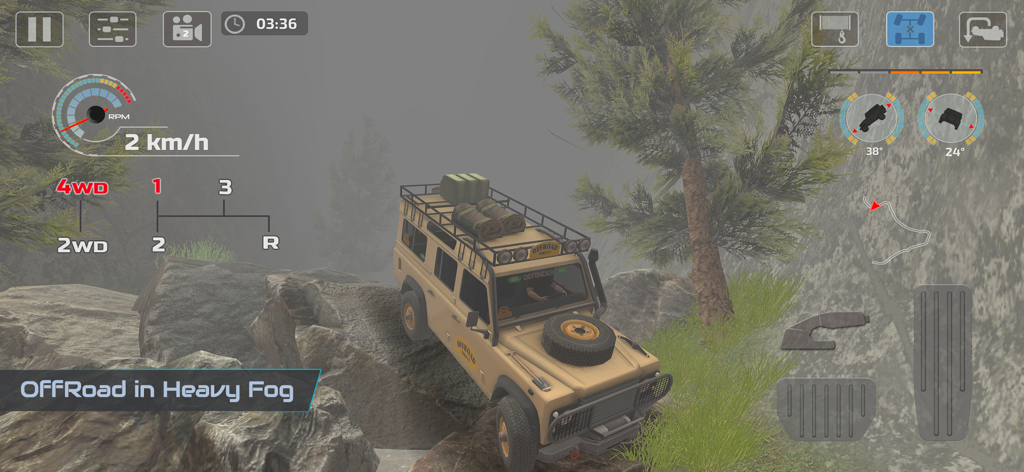 OffRoad Drive Pro - A tan 4x4 vehicle navigating rocky terrain in heavy fog with technical dashboard gauges