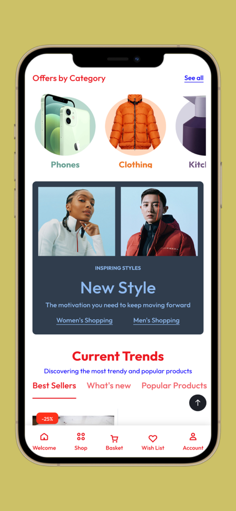 Malaba Marketplace - Malaba Marketplace app homepage displaying categories for phones and clothing along with current fashion trends.