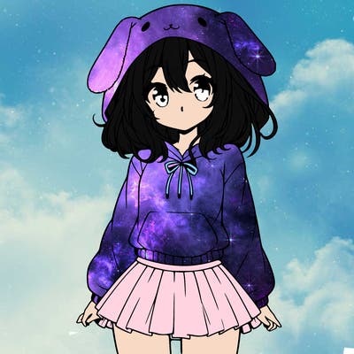 pretty anime girl wearing a fluffy hoodie with bunny ears on the hood and a skirt