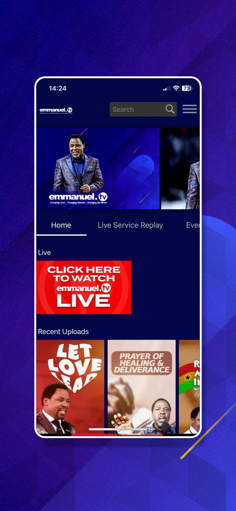 Interfaz de la aplicación Emmanuel TV que muestra el enlace de transmisión en vivo y cargas de videos recientes, incluyendo oraciones y sermones