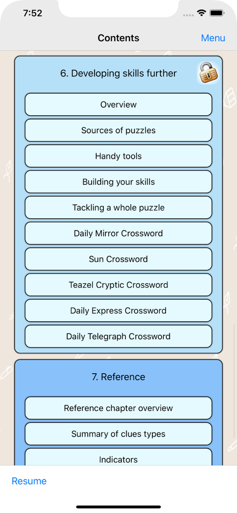 Learn Cryptic Crosswords - The contents menu of the Learn Cryptic Crosswords app showing chapters on skill development and reference tools.