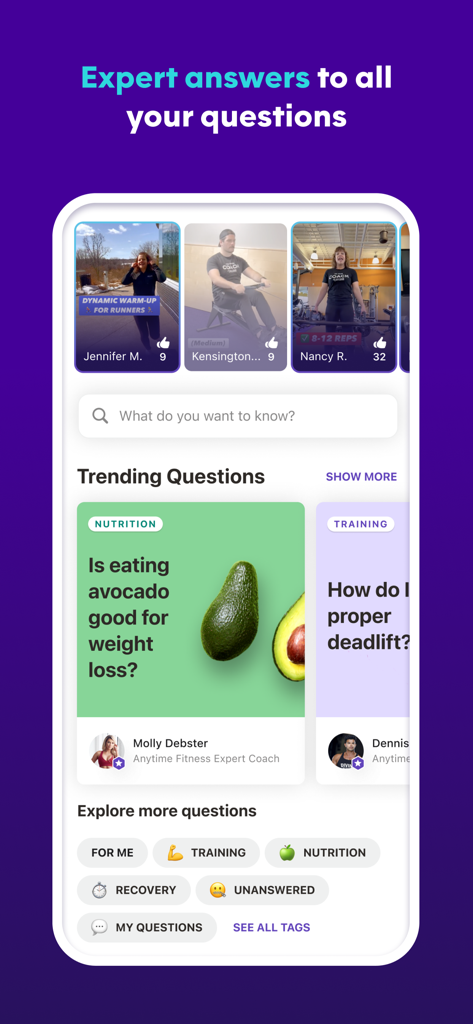 AF App - Anytime Fitness App-Bildschirm mit Expertenrat zu Ernährung und Training.