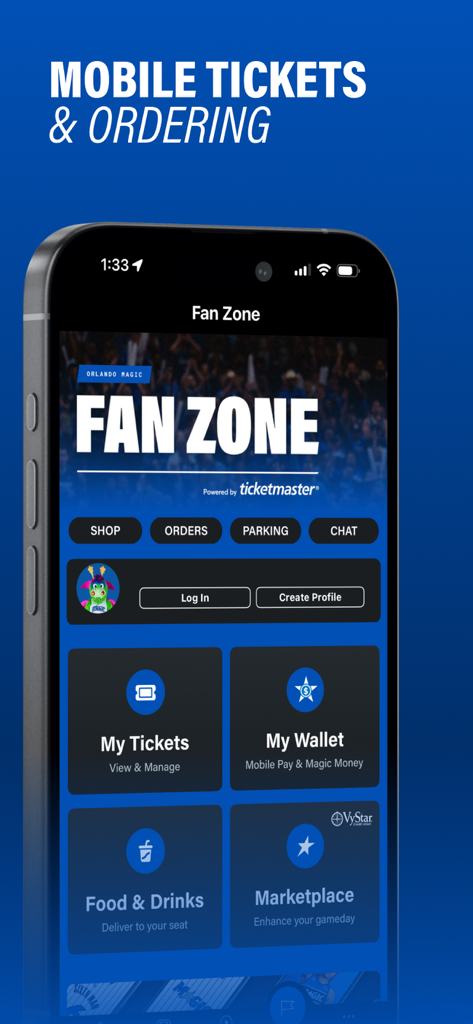 Orlando Magic Mobile - Orlando Magic app Fan Zone interface featuring mobile tickets food and beverage ordering and fan wallet