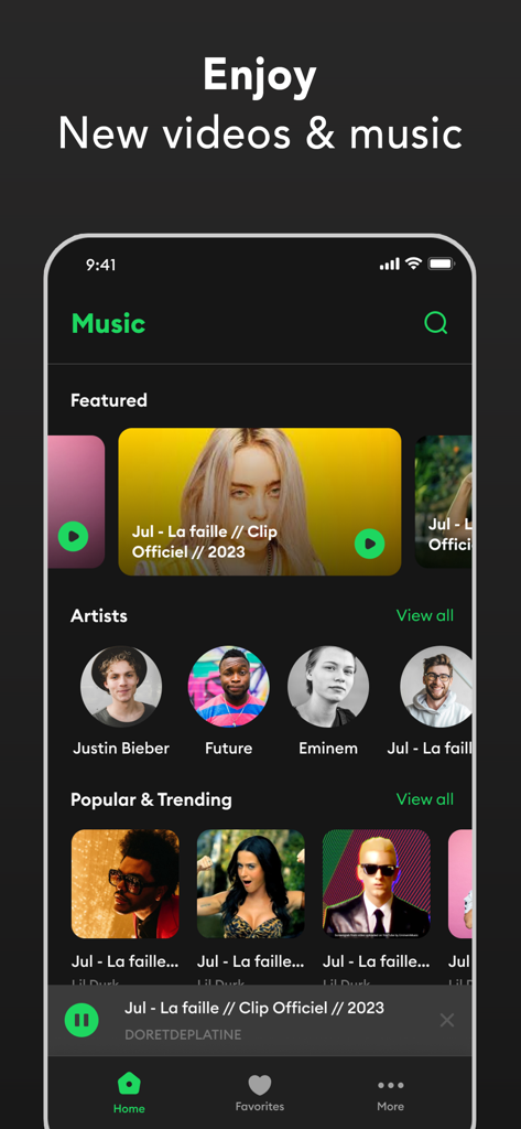 Pure Tuber app home interface showing featured videos, music tracks, and popular artists in a dark mode theme.