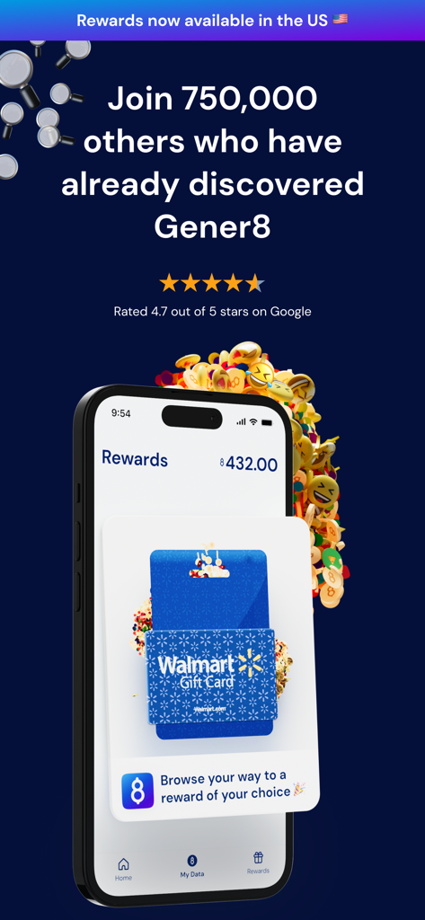 Gener8 - Earn From Your Data - Gener8 app screen showing a Walmart gift card reward and high user ratings