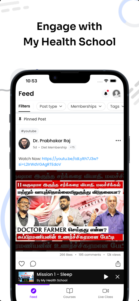 My Health School - Uno screenshot del feed della community dell'app My Health School che mostra un post di un esperto di salute e un lettore audio per un corso sul sonno