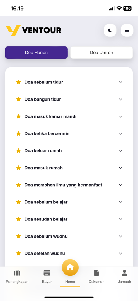 Ventour Mobile - Interface of the Ventour Mobile app displaying a list of daily Islamic prayers such as prayers for sleeping and waking up.