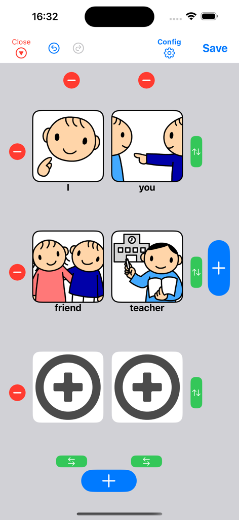 Editing interface of the DropTap AAC app showing a customizable communication board with social symbols