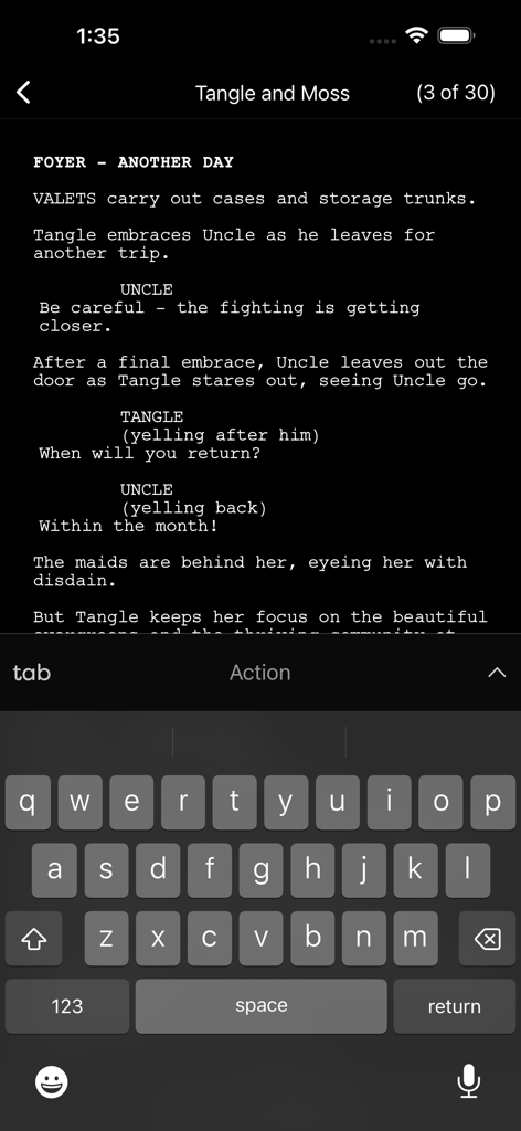Interface of Final Draft Go on an iPhone showing a screenplay being edited in Night Mode with the on-screen keyboard.