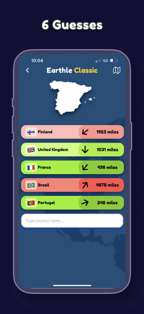 Earthle Global Geography Games - Earthle Classic game screen showing a mystery country outline and proximity clues in miles for previous guesses