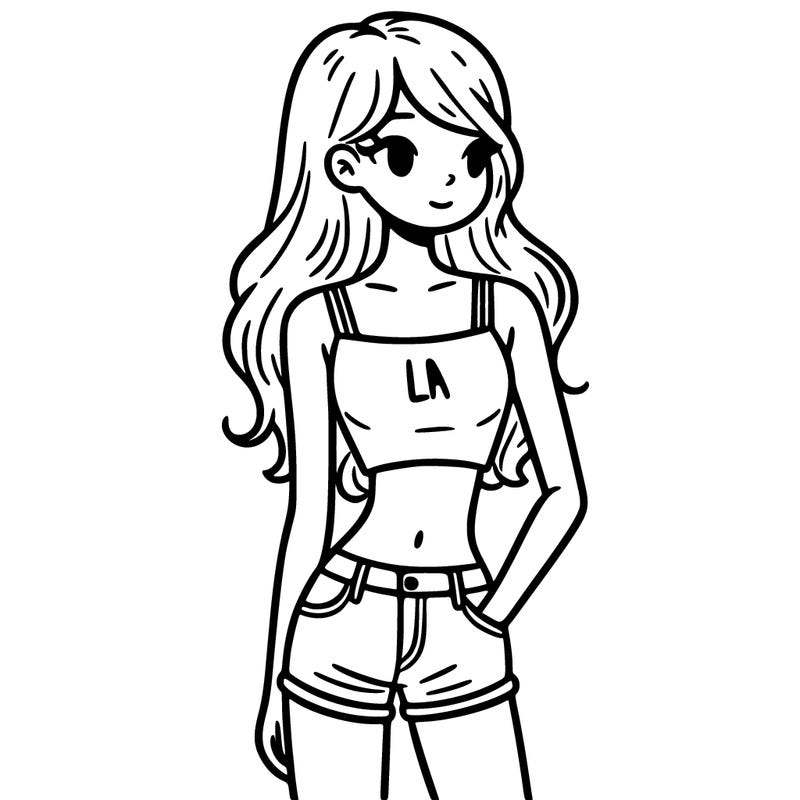 teen with jean shorts and cropped top that says la