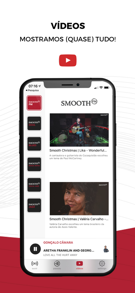 Smooth FM mobile app interface displaying a curated selection of live jazz and soul music videos