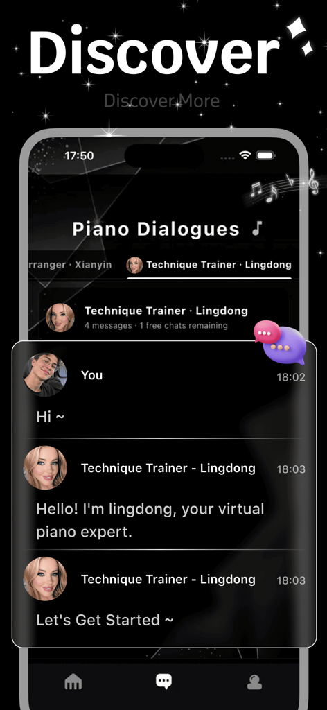 Panno - Une interface de chat dans l'application Panno présentant une conversation avec un expert virtuel de piano IA nommé Lingdong.