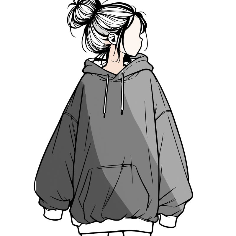 realistic girl with a oversized sweatshirt on and a bun