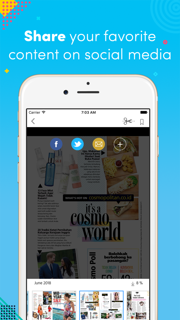 Cosmopolitan Indonesia Mag - Cosmopolitan Indonesia 디지털 잡지 앱 내의 소셜 미디어 공유 인터페이스를 보여주는 스마트폰 화면