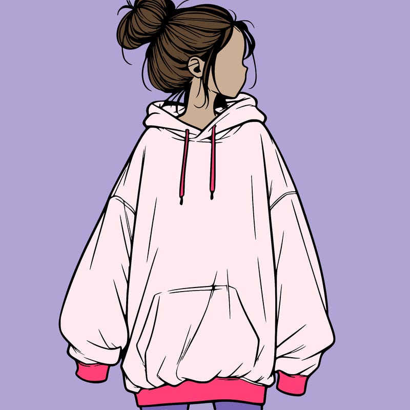realistic girl with a oversized sweatshirt on and a bun