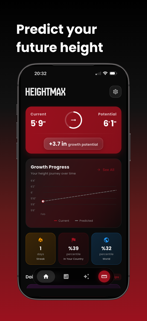 HeightMax app interface showing current height growth potential and predicted future height statistics