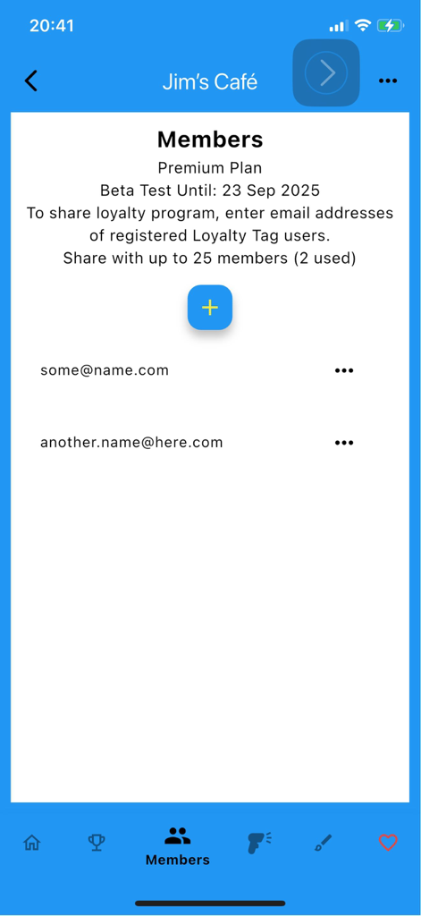 Loyalty Tag - Loyalty Tag app interface showing the members management screen for a local business loyalty program