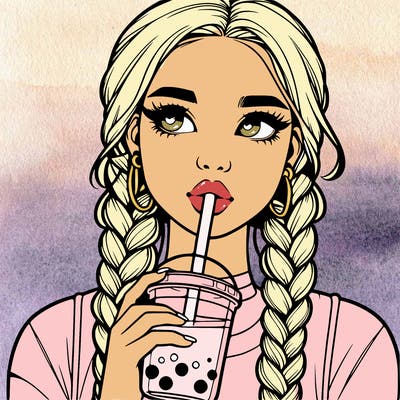 realistic girl with braided hair drinking boba