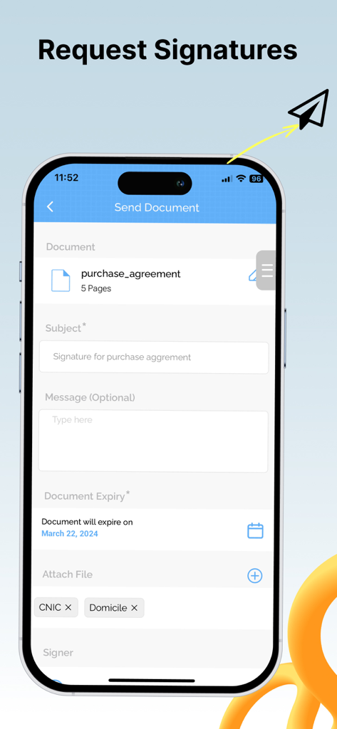 eZy Sign,Scan & Fill Documents - Tela de smartphone mostrando a interface do aplicativo eZy Sign para solicitar assinaturas digitais em um documento com recurso de data de expiração.