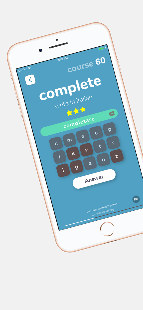 A mobile screen showing a vocabulary exercise on the Flashwords app for learning Italian