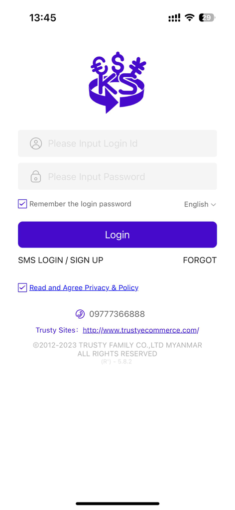Trusty Pay - Login screen of the Trusty Pay mobile app showing ID and password input fields