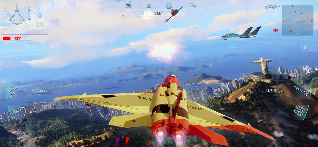 Sky Gamblers - Infinite Jets - A yellow jet fighter flying over Rio de Janeiro in the mobile game Sky Gamblers Infinite Jets