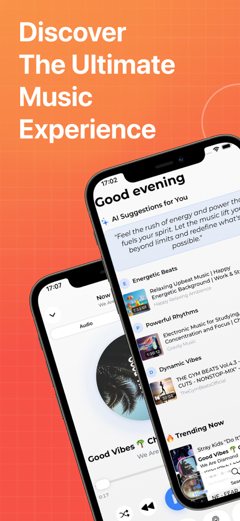 Music – Simple Music Stream - AIによる音楽レコメンデーションとミニマリストなプレイヤーインターフェースを表示するスマートフォンの画面