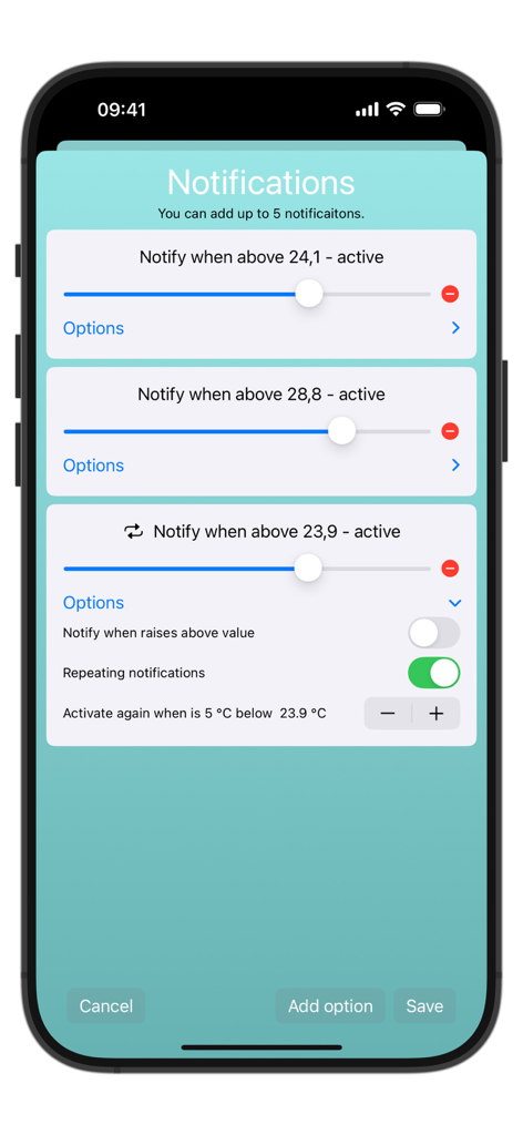 Interface for setting custom water temperature alerts and repeating notifications in the app