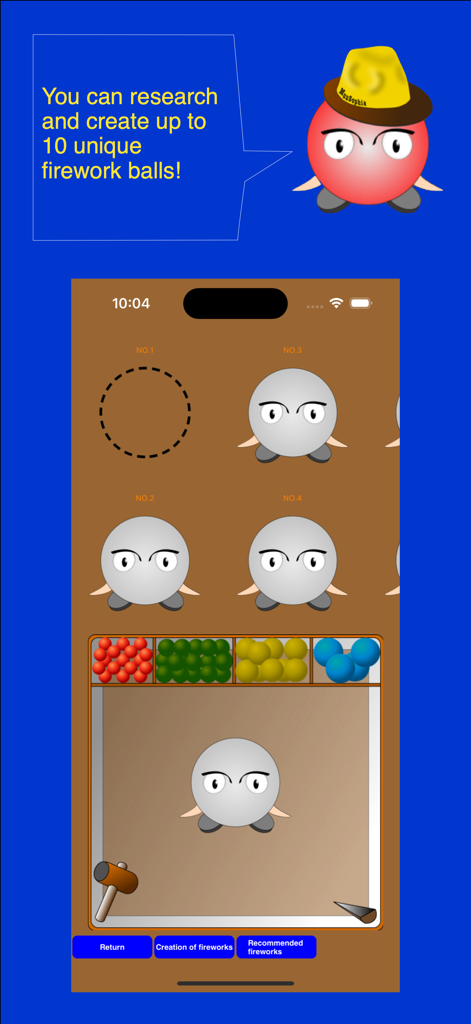 Let's start fireworks festival - Mobile app screen showing the process of creating and researching unique firework balls with cartoon characters and colorful elements.