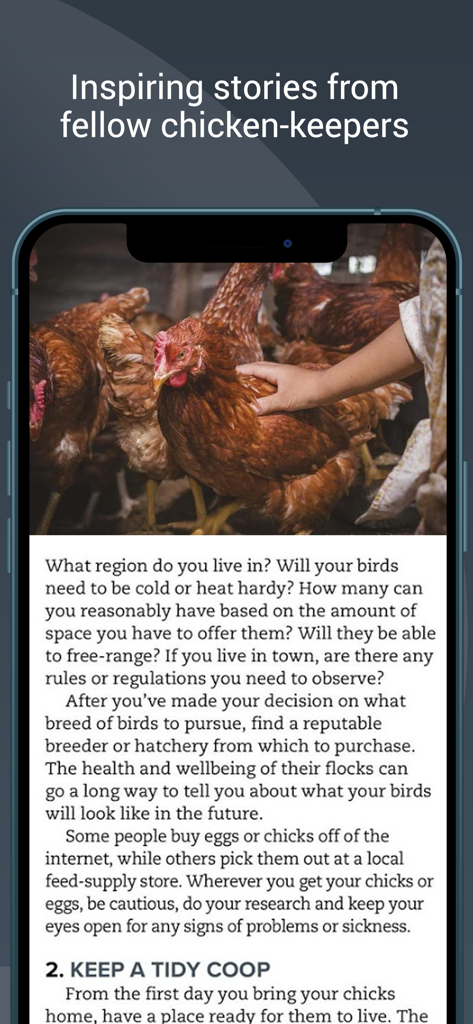 Captura de tela do aplicativo móvel Chickens Magazine mostrando um artigo com conselhos especializados sobre a escolha de raças de aves e manutenção de galinheiros