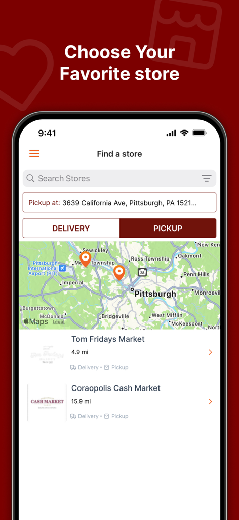 Tom Fridays Market app store locator interface showing local Pittsburgh locations and delivery options