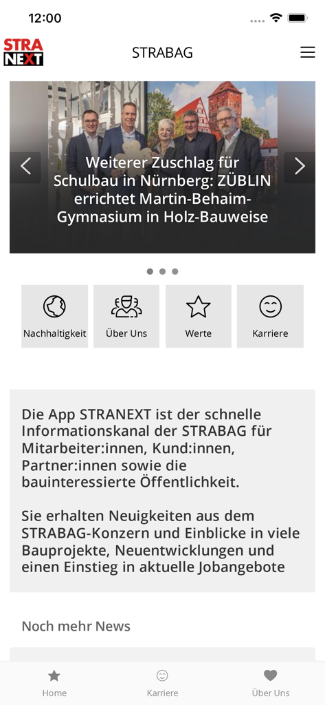 STRANEXT - The home screen of the STRANEXT app showing STRABAG news and project information