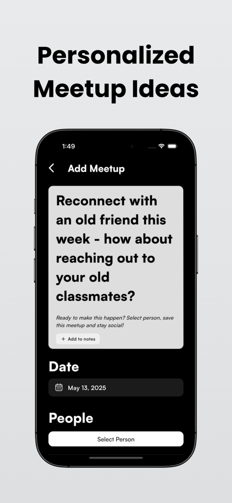 Meetlist: Meetup Tracker - Tela do aplicativo Meetlist mostrando ideias de encontros personalizadas com uma sugestão para se reconectar com velhos colegas de classe.