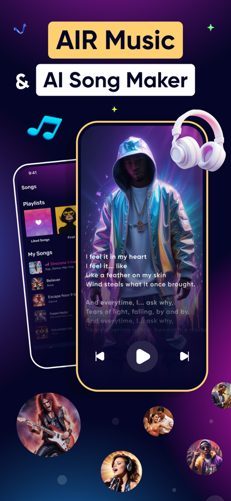 AIR Music - AI Song Generator - AIR Music App zeigt KI-gestützte Songerstellung und Texterstellung mit einer Musikplayer-Oberfläche.