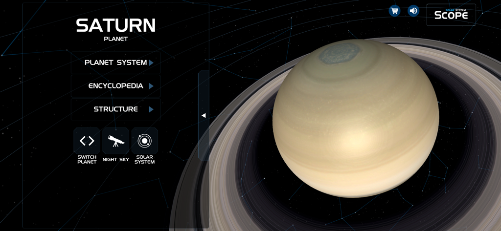 Solar System Scope - A 3D model of Saturn with its rings in the Solar System Scope app interface