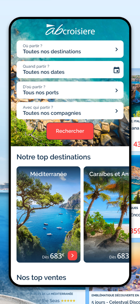 Abcroisiere - Pantalla de inicio de la aplicación móvil Abcroisiere mostrando filtros de búsqueda de cruceros por destino, fecha, puerto y línea de crucero con tarjetas de destinos turísticos principales.