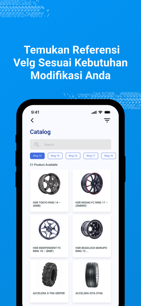 HSR Wheel - A mobile screen showing the HSR Wheel product catalog with various car rims and tires.