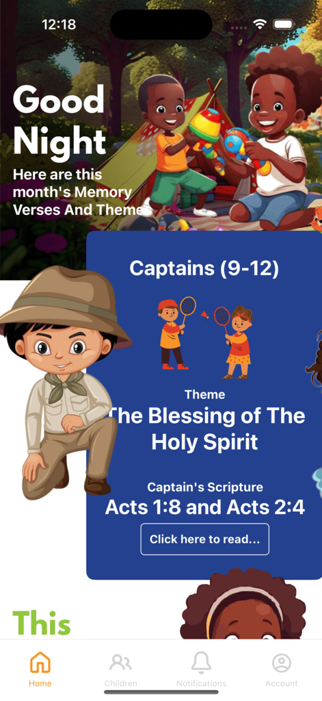 NextGen Parent app home screen showing monthly memory verses and spiritual themes for children