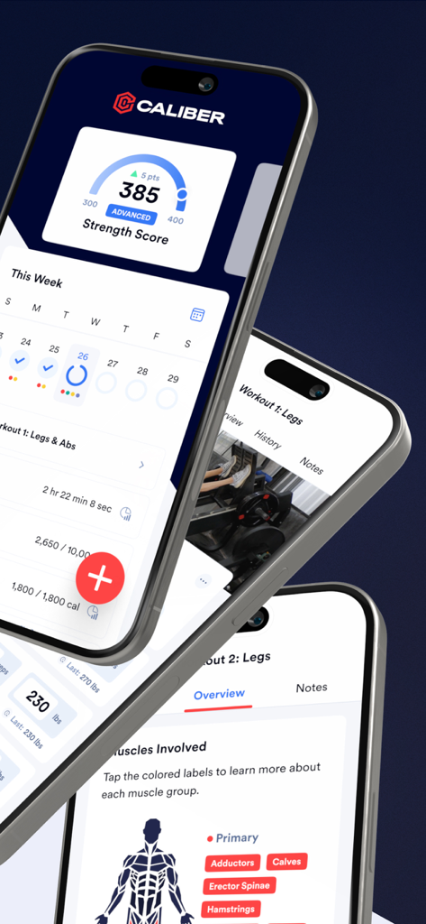 Caliber: Strength Training - Captures d'écran de l'application Caliber montrant un tableau de bord de score de force et un suivi des groupes musculaires