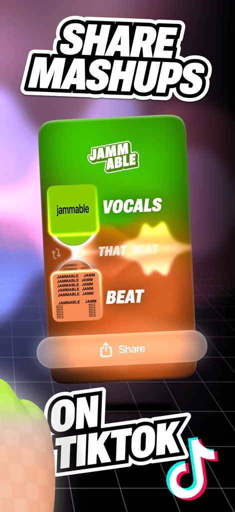 A screen from the Jammable app showing the share button and instructions to post a music mashup on TikTok.
