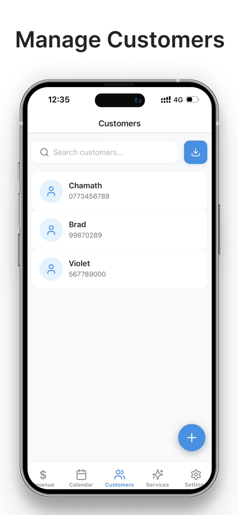 Salon Manager By CATronics - Customer list interface in the Salon Manager mobile app