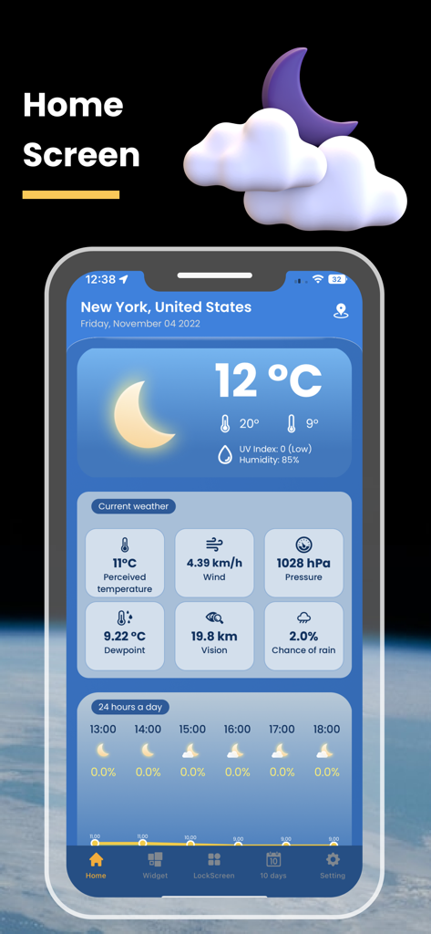 Weather Widget: Live Radar App - Weather app home screen showing current temperature and detailed local forecast