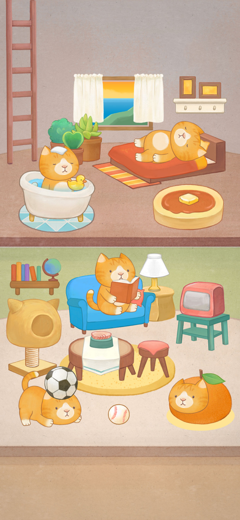 Cafe Heaven-Cat’s Sandwich - 꾸며진 꿈의 집 안에서 휴식을 취하거나 놀고 있는 귀여운 주황색 고양이들.