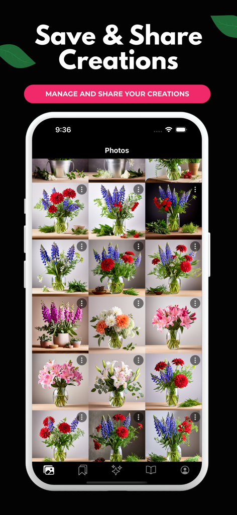Floral AI - Pantalla de smartphone mostrando una colección de coloridos arreglos florales generados por IA en la galería de la aplicación Floral AI