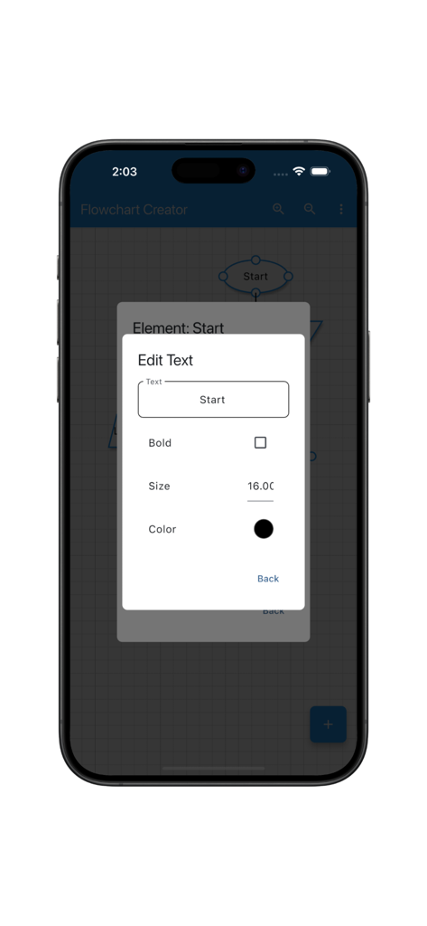 Flowchart Creator - ダイアグラムグリッド上に表示されたテキスト編集ポップアップウィンドウを示すフローチャートクリエイターアプリのインターフェース