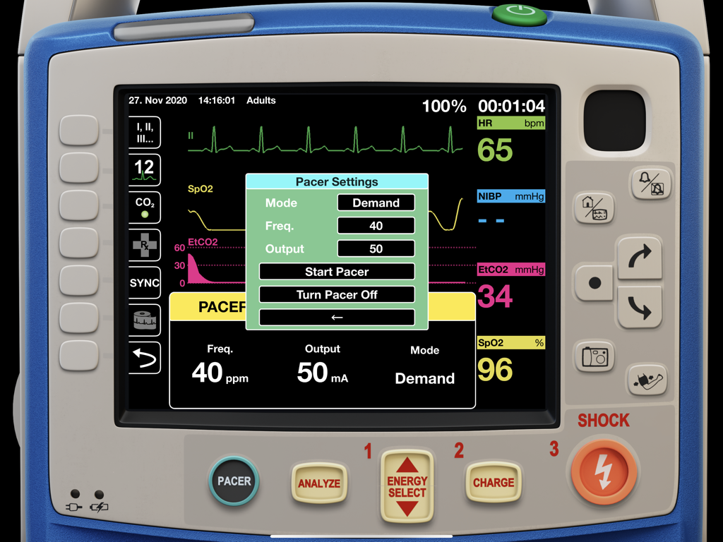 Interface of the qubeX medical simulation app showing pacer settings on a digital patient monitor.