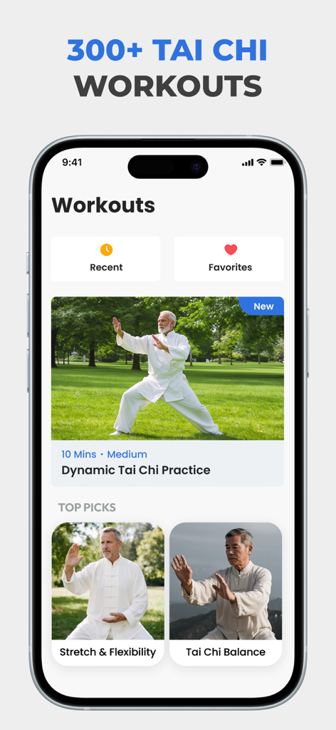 Workouts screen of the Tai Chi app for seniors showing various video lessons including Dynamic Tai Chi Practice and Stretch and Flexibility