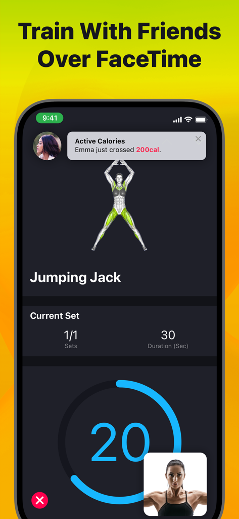 SmartGym app interface showing a Jumping Jack workout session with a FaceTime video call overlay and shared calorie tracking notification.