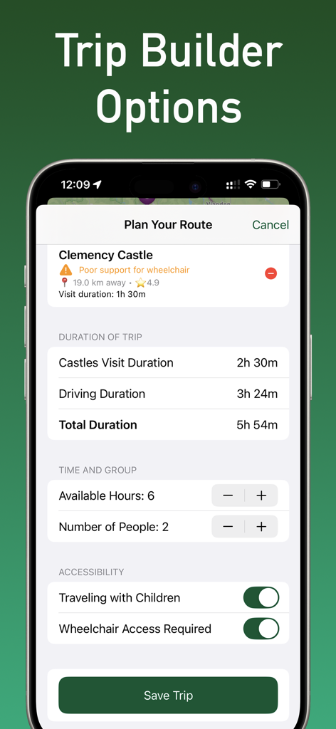 Interfaccia mobile per la pianificazione delle visite ai castelli in Lussemburgo, comprese la durata del viaggio e le impostazioni di accessibilità